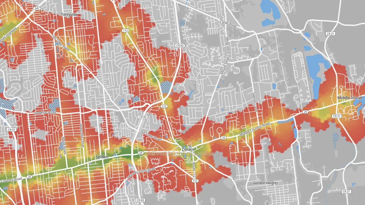 Walk Grade map of Coram, NY, walkable areas in green and car-dependent areas in red