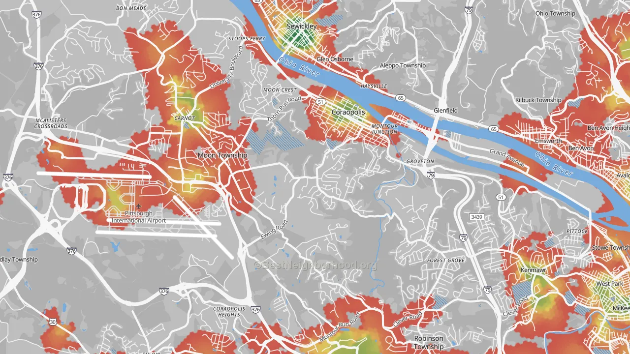 Walk Grade map of Coraopolis, PA, walkable areas in green and car-dependent areas in red
