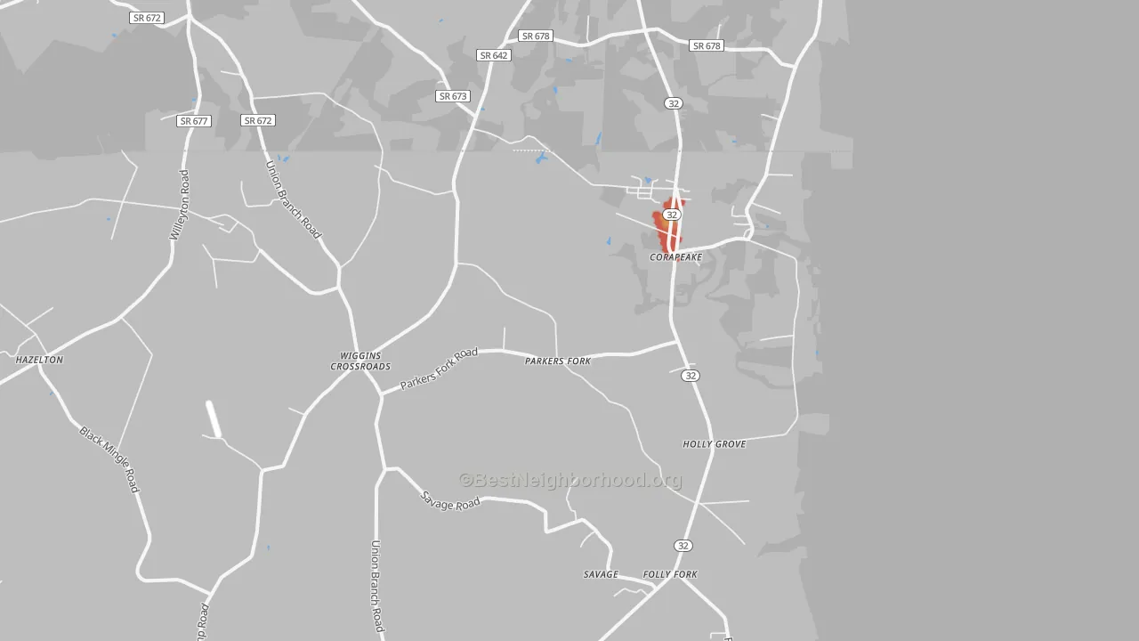 Walk Grade map of Corapeake, NC, walkable areas in green and car-dependent areas in red