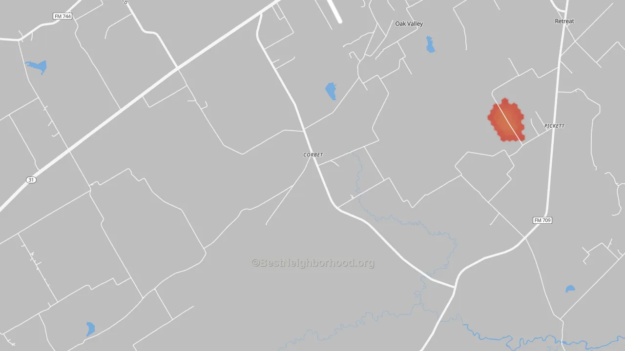 Walk Grade map of Corbet, TX, walkable areas in green and car-dependent areas in red