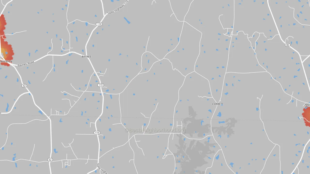 Walk Grade map of Corbett, NC, walkable areas in green and car-dependent areas in red
