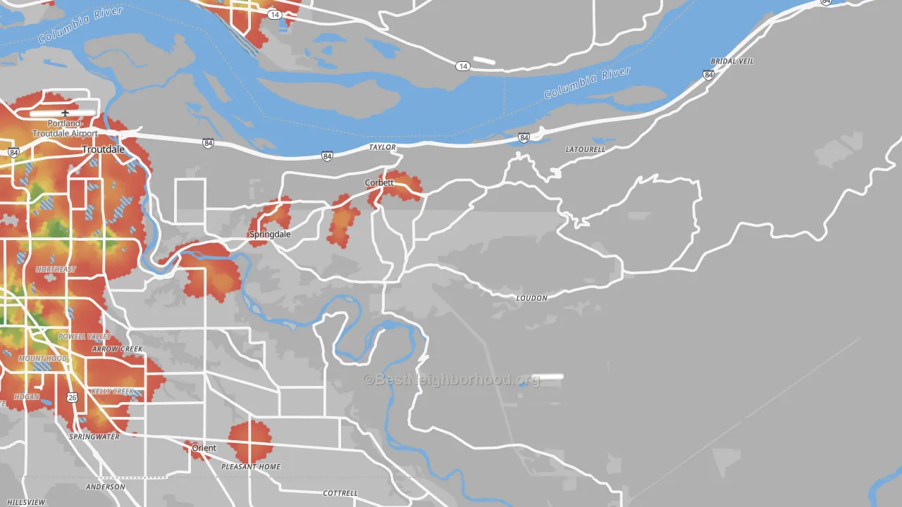 Walk Grade map of Corbett, OR, walkable areas in green and car-dependent areas in red