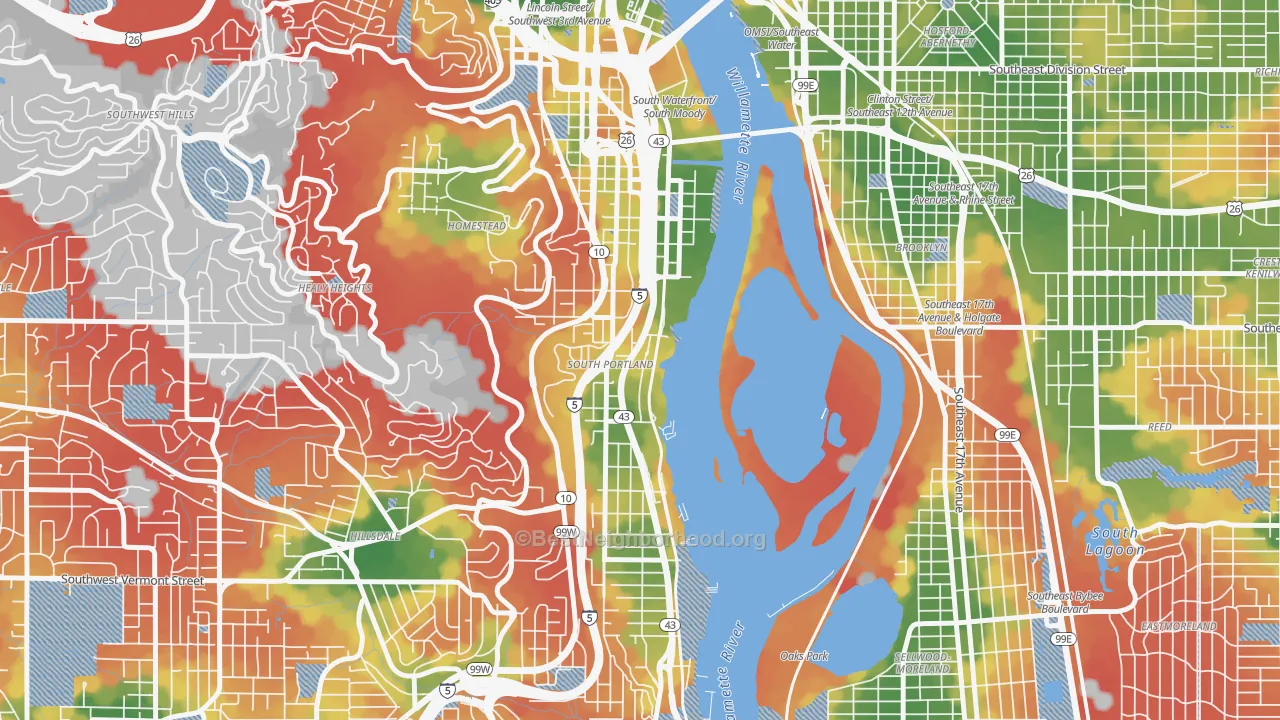 Walk Grade map of Corbett-Terwilliger-Lair Hill, Portland, OR, walkable areas in green and car-dependent areas in red