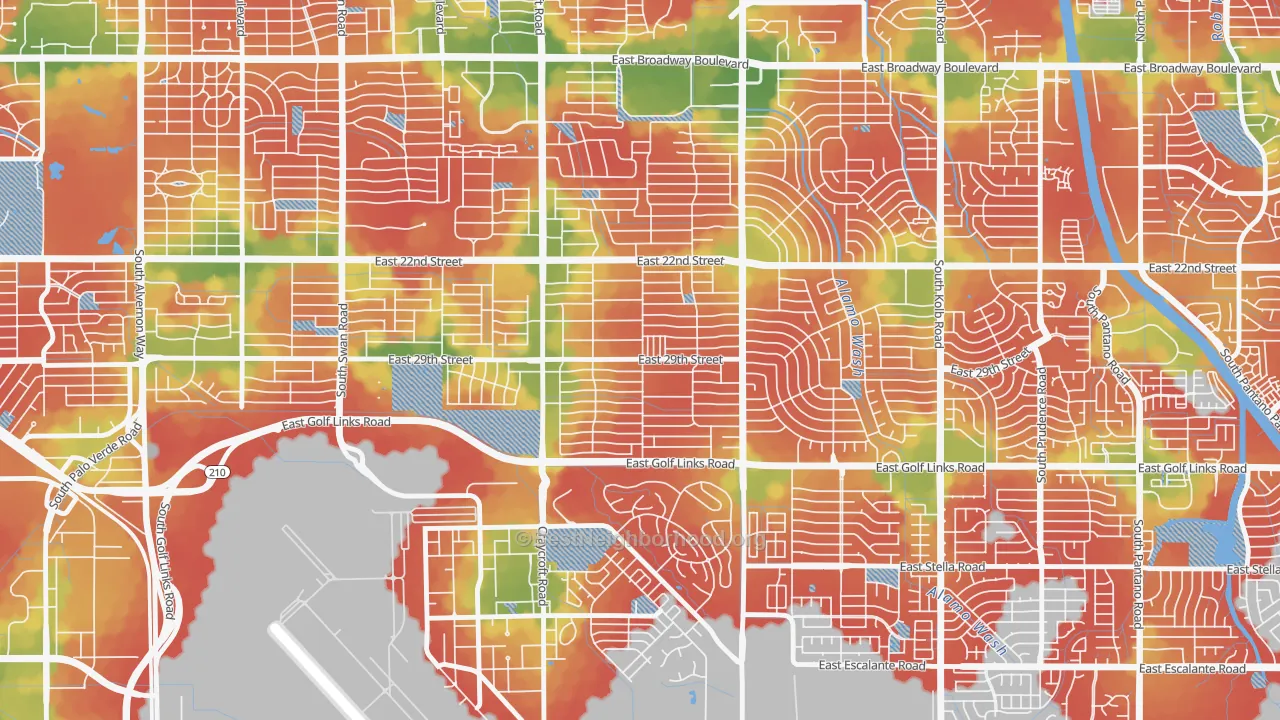 Walk Grade map of Corbett, Tucson, AZ, walkable areas in green and car-dependent areas in red