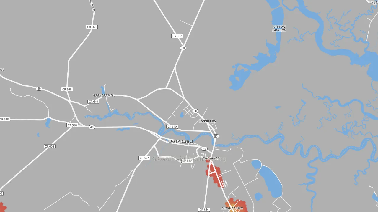 Walk Grade map of Corbin City, NJ, walkable areas in green and car-dependent areas in red