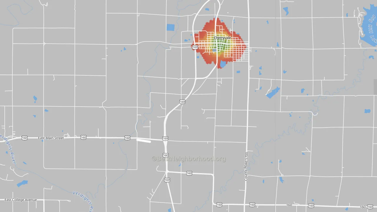 Walk Grade map of Corbin, KS, walkable areas in green and car-dependent areas in red