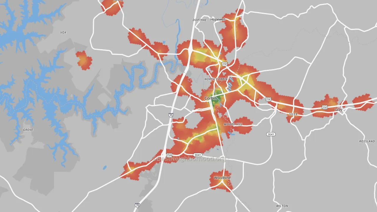 Walk Grade map of Corbin, KY, walkable areas in green and car-dependent areas in red