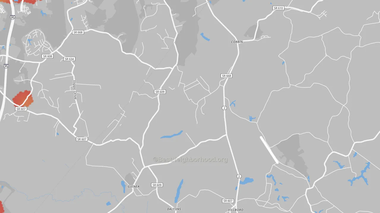 Walk Grade map of Corbin, VA, walkable areas in green and car-dependent areas in red