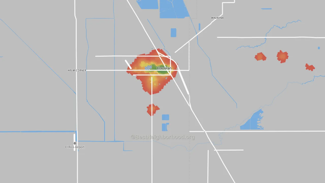 Walk Grade map of Corcoran, CA, walkable areas in green and car-dependent areas in red
