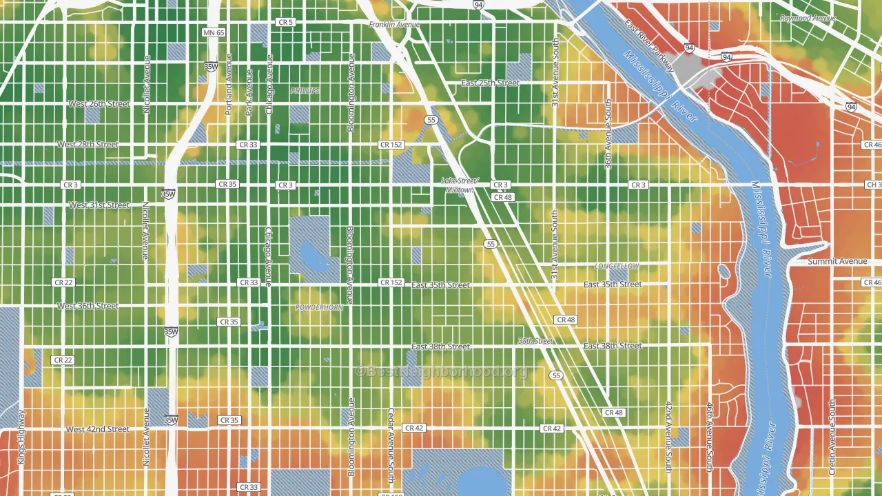 Walk Grade map of Corcoran, Minneapolis, MN, walkable areas in green and car-dependent areas in red