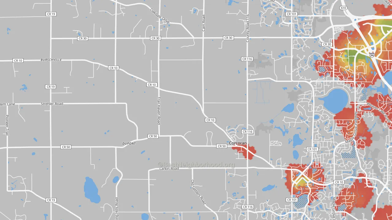 Walk Grade map of Corcoran, MN, walkable areas in green and car-dependent areas in red