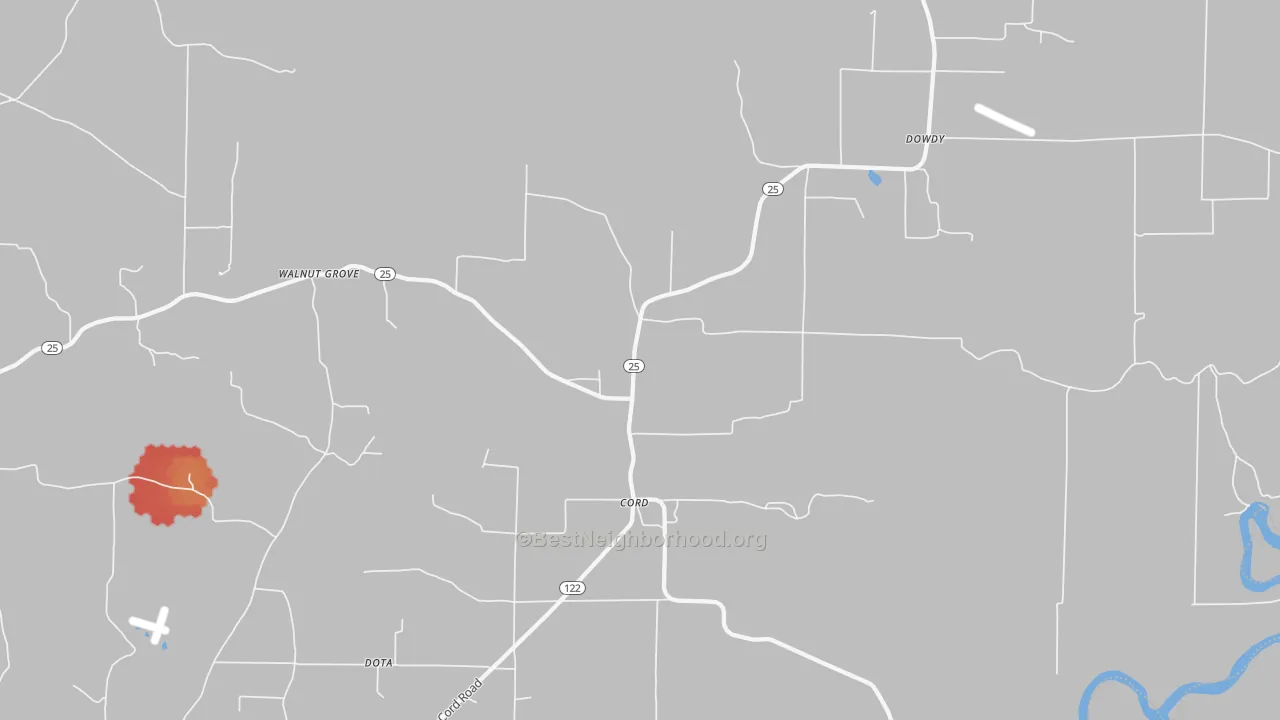 Walk Grade map of Cord, AR, walkable areas in green and car-dependent areas in red