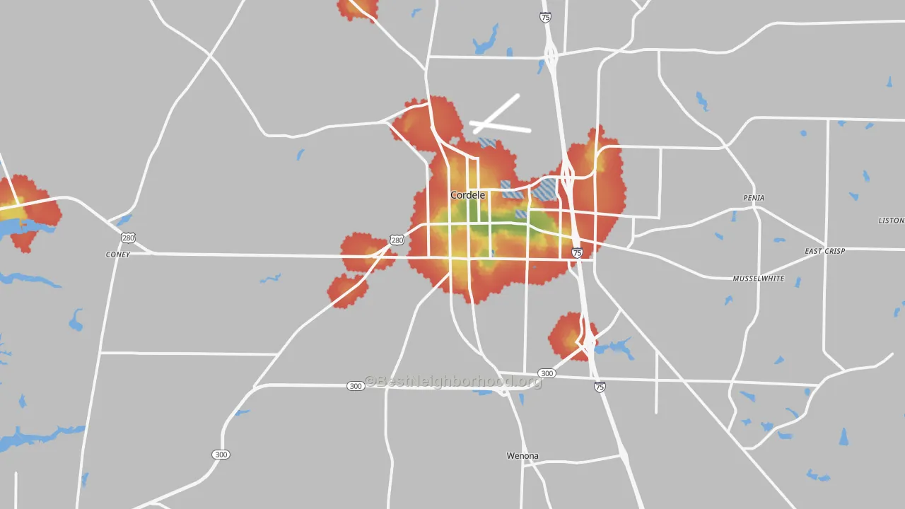 Walk Grade map of Cordele, GA, walkable areas in green and car-dependent areas in red
