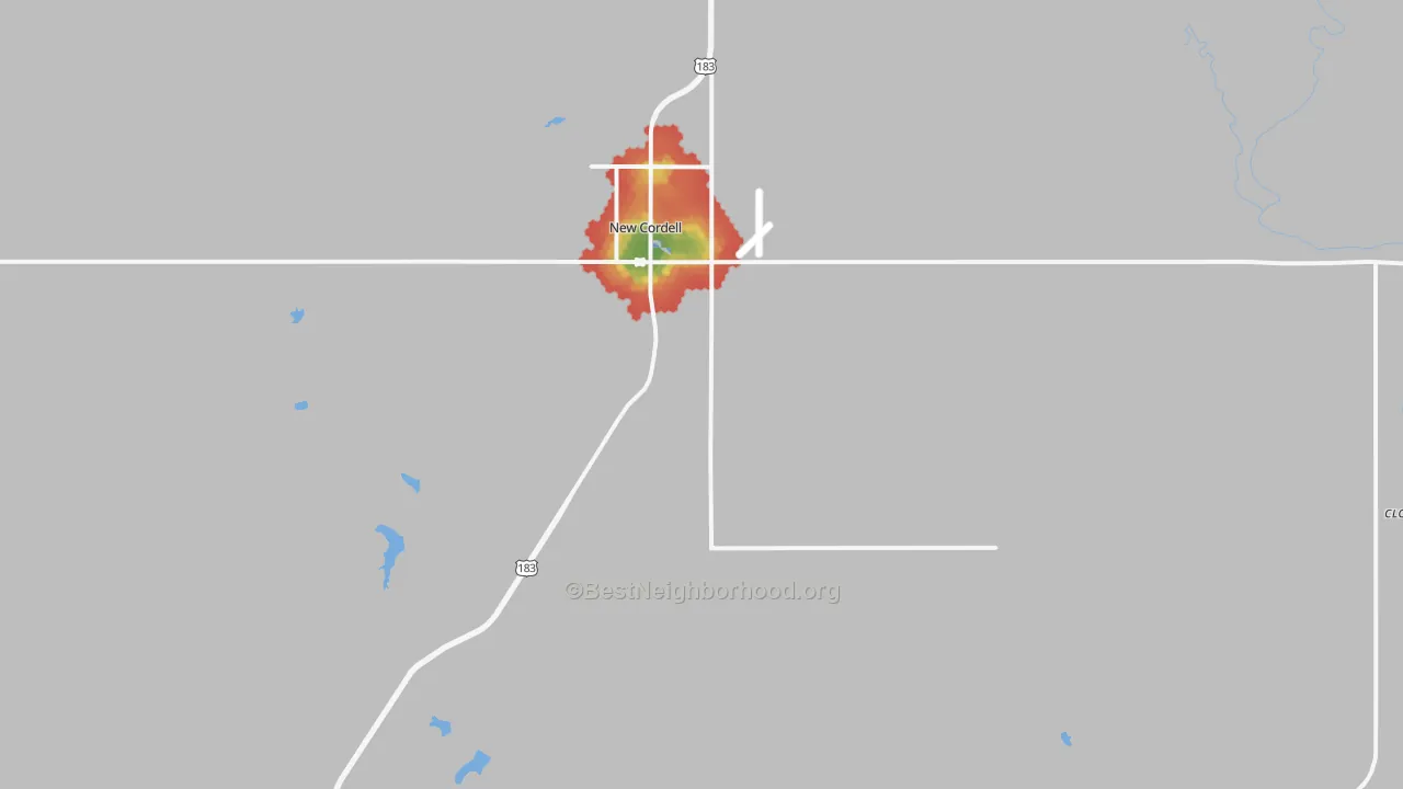 Walk Grade map of Cordell, OK, walkable areas in green and car-dependent areas in red