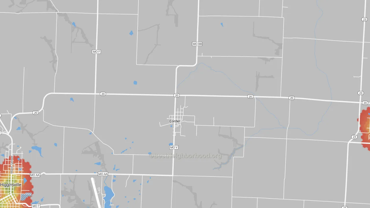 Walk Grade map of Corder, MO, walkable areas in green and car-dependent areas in red