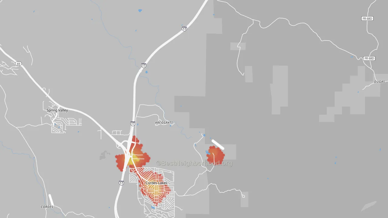 Walk Grade map of Cordes Junction, AZ, walkable areas in green and car-dependent areas in red