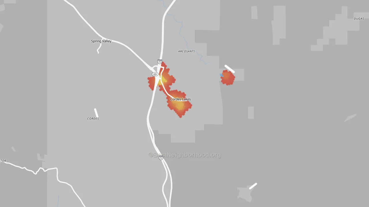 Walk Grade map of Cordes Lakes, AZ, walkable areas in green and car-dependent areas in red