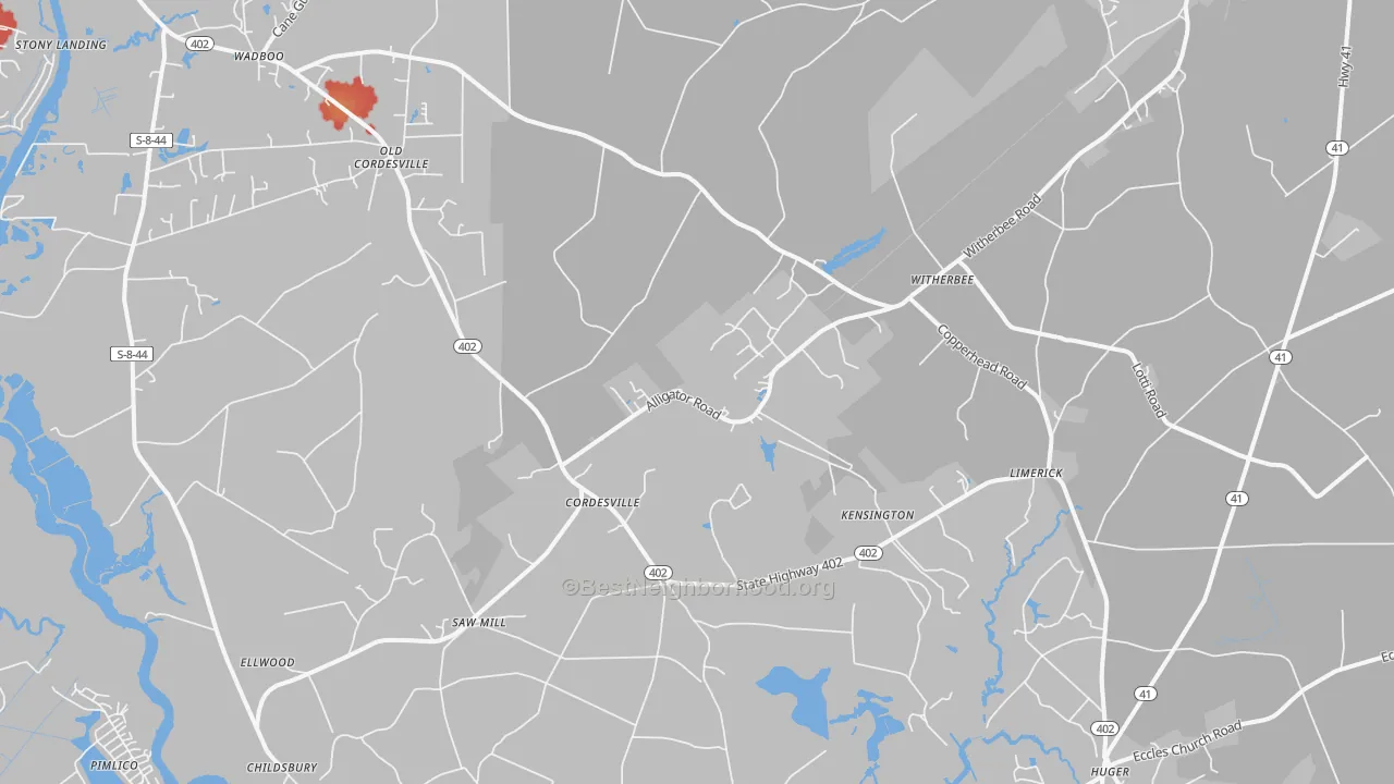 Walk Grade map of Cordesville, SC, walkable areas in green and car-dependent areas in red