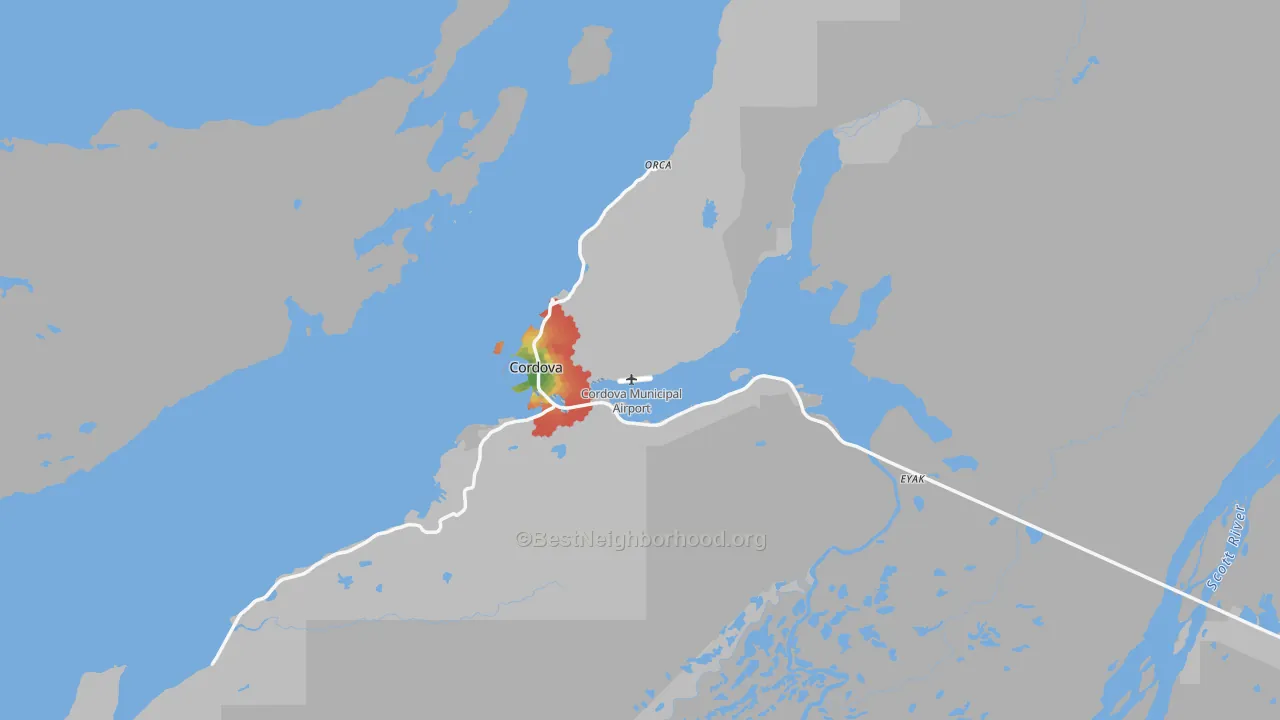 Walk Grade map of Cordova, AK, walkable areas in green and car-dependent areas in red