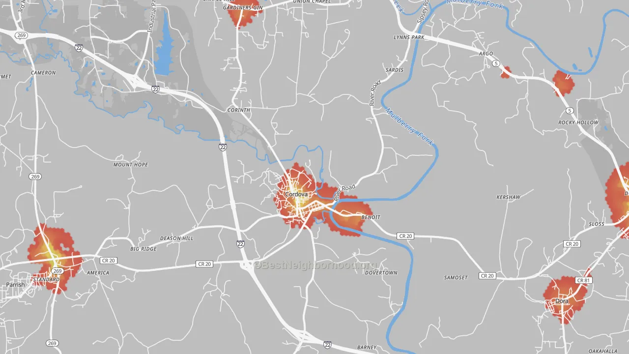 Walk Grade map of Cordova, AL, walkable areas in green and car-dependent areas in red