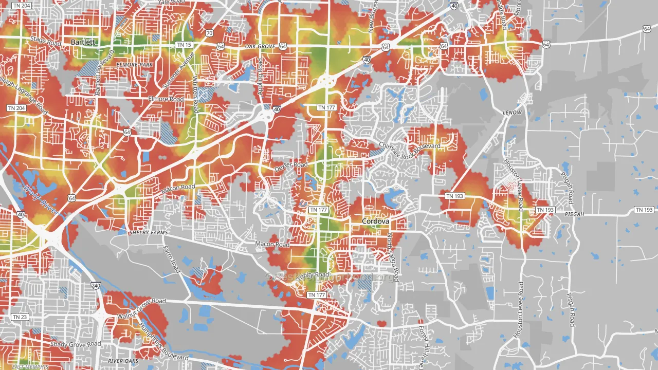 Walk Grade map of Cordova-Appling, Cordova, TN, walkable areas in green and car-dependent areas in red
