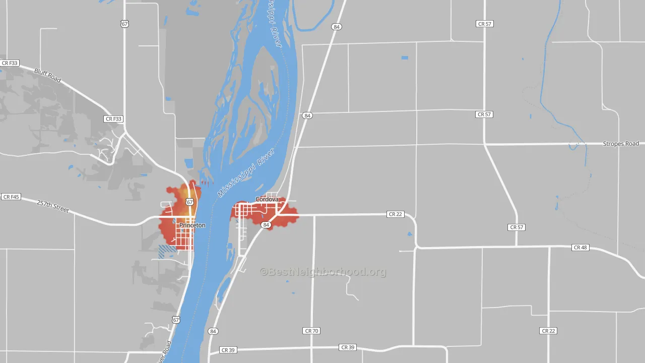 Walk Grade map of Cordova, IL, walkable areas in green and car-dependent areas in red