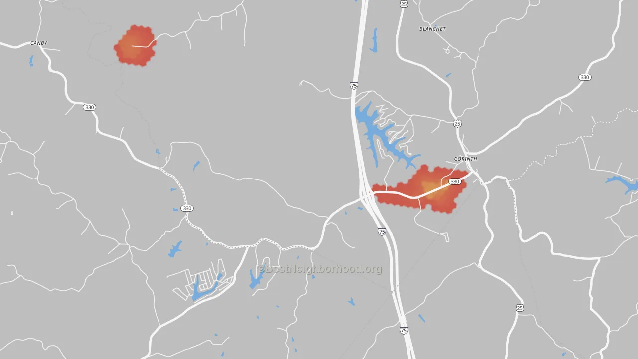Walk Grade map of Cordova, KY, walkable areas in green and car-dependent areas in red
