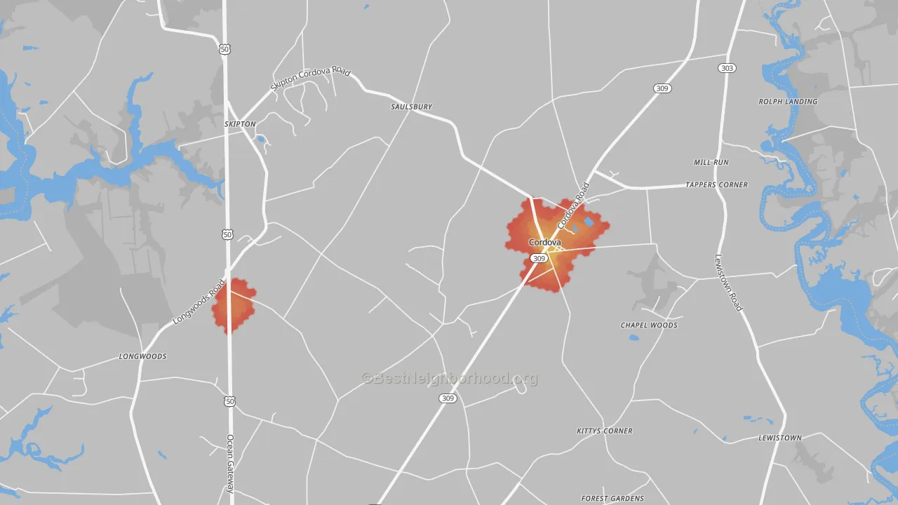 Walk Grade map of Cordova, MD, walkable areas in green and car-dependent areas in red