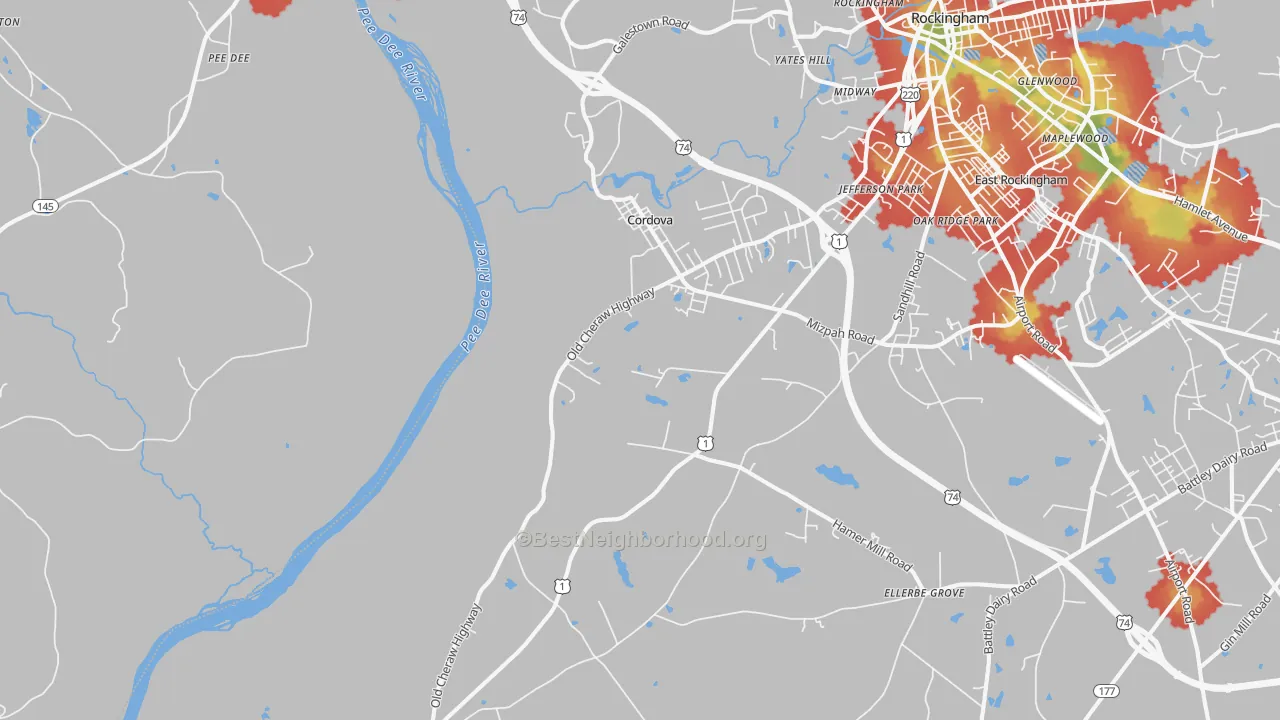 Walk Grade map of Cordova, NC, walkable areas in green and car-dependent areas in red
