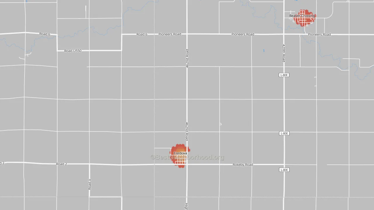 Walk Grade map of Cordova, NE, walkable areas in green and car-dependent areas in red