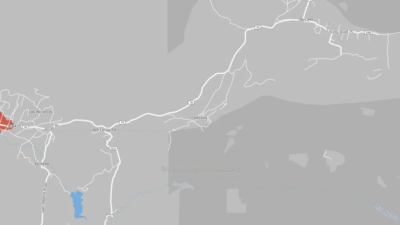 Walk Grade map of Cordova, NM, walkable areas in green and car-dependent areas in red