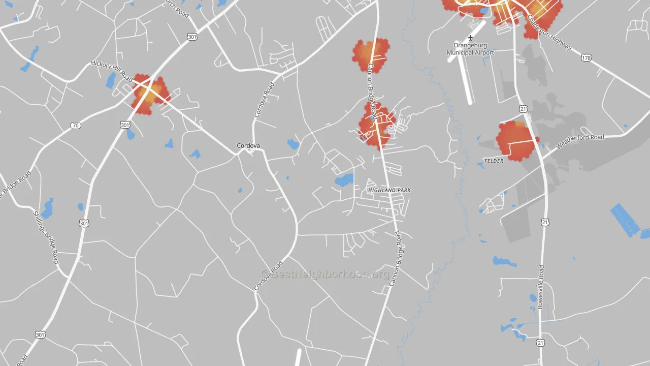 Walk Grade map of Cordova, SC, walkable areas in green and car-dependent areas in red
