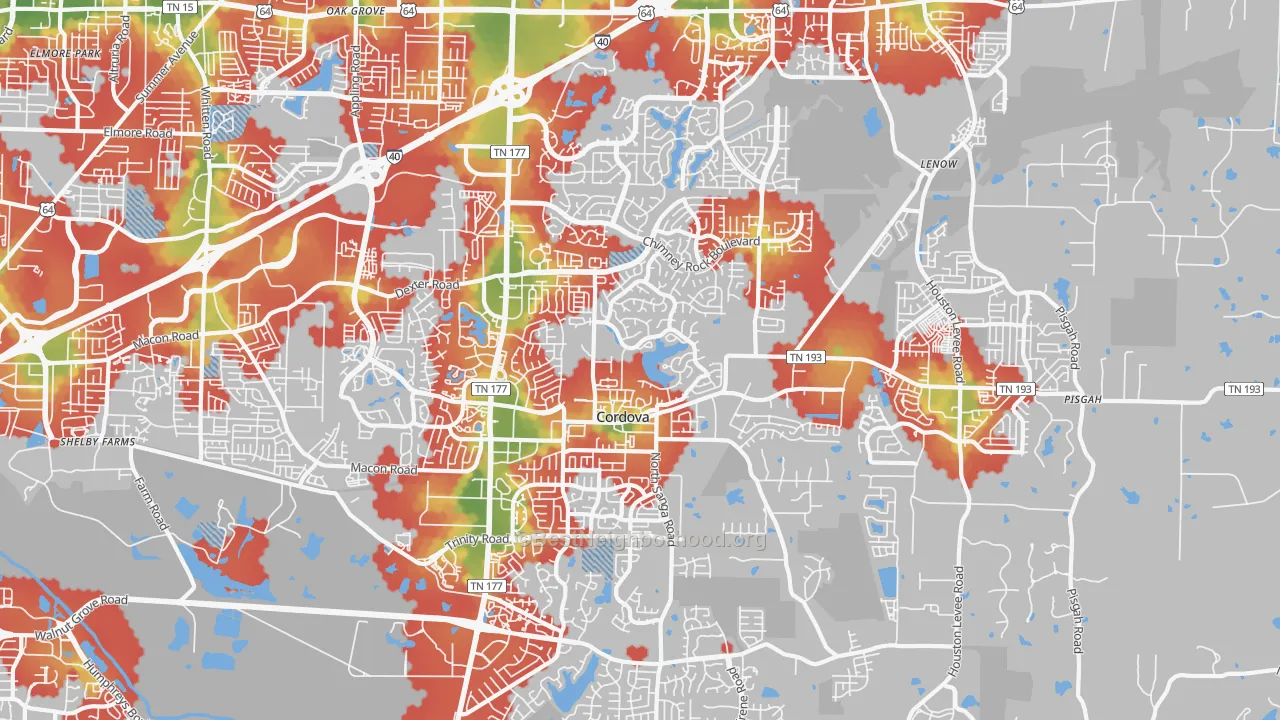 Walk Grade map of Cordova, TN, walkable areas in green and car-dependent areas in red