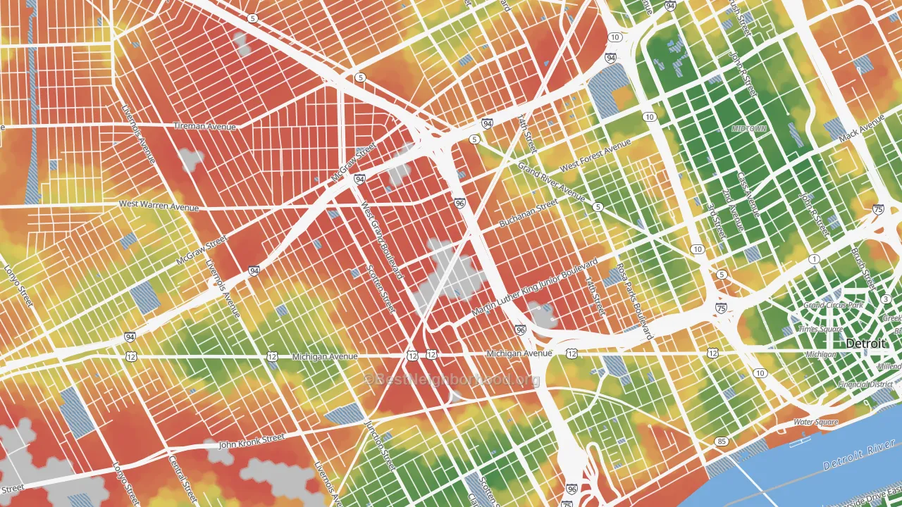 Walk Grade map of Core City, Detroit, MI, walkable areas in green and car-dependent areas in red