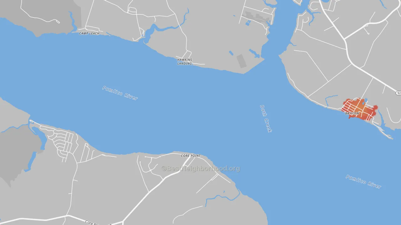 Walk Grade map of Core Point, NC, walkable areas in green and car-dependent areas in red