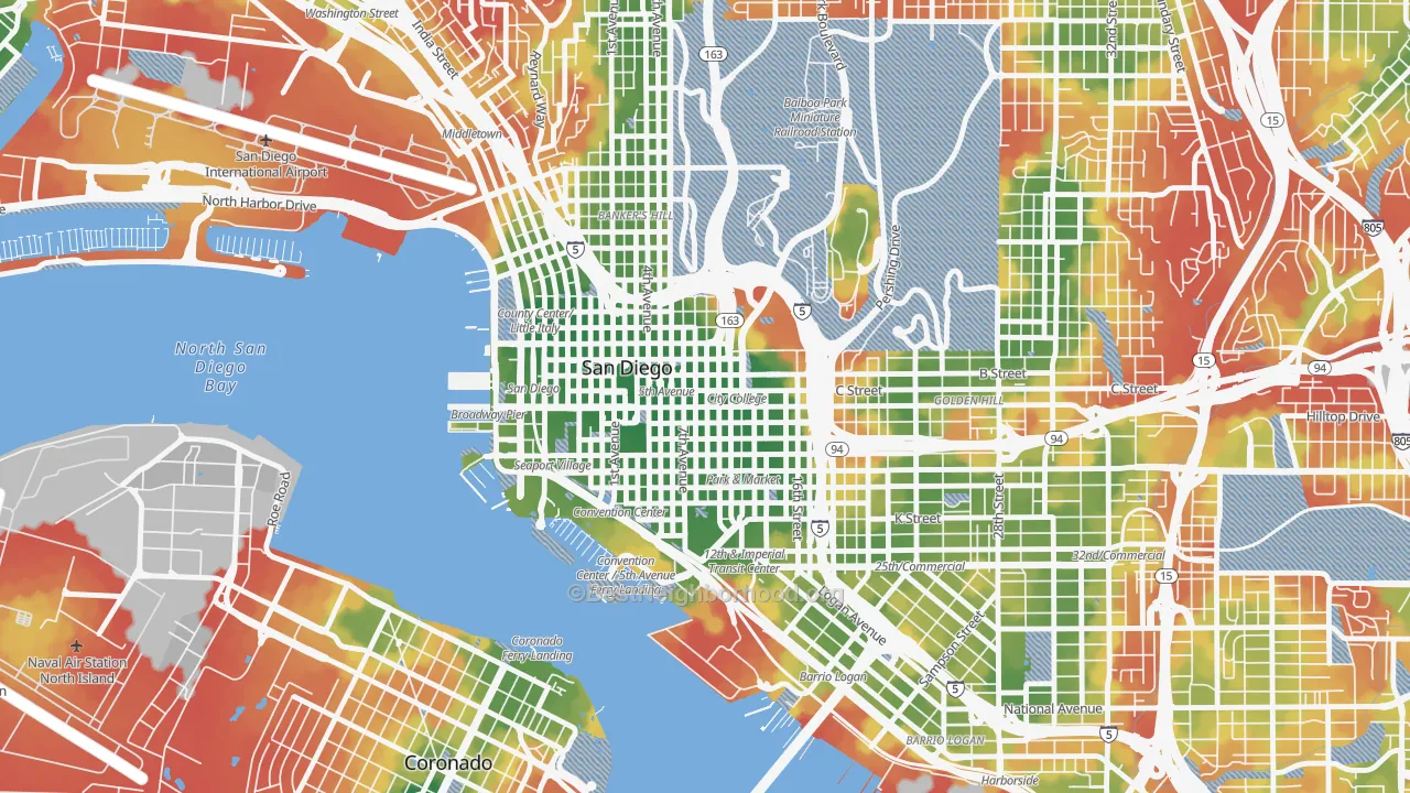 Walk Grade map of Core, San Diego, CA, walkable areas in green and car-dependent areas in red