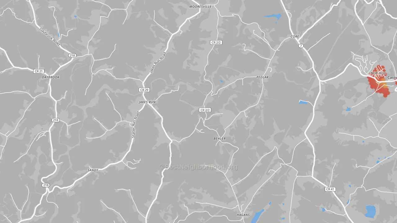 Walk Grade map of Core, WV, walkable areas in green and car-dependent areas in red