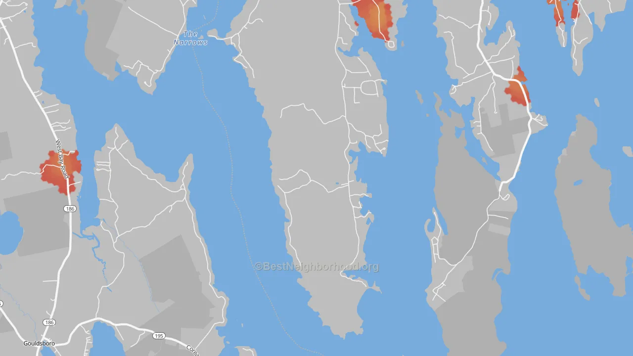 Walk Grade map of Corea, ME, walkable areas in green and car-dependent areas in red