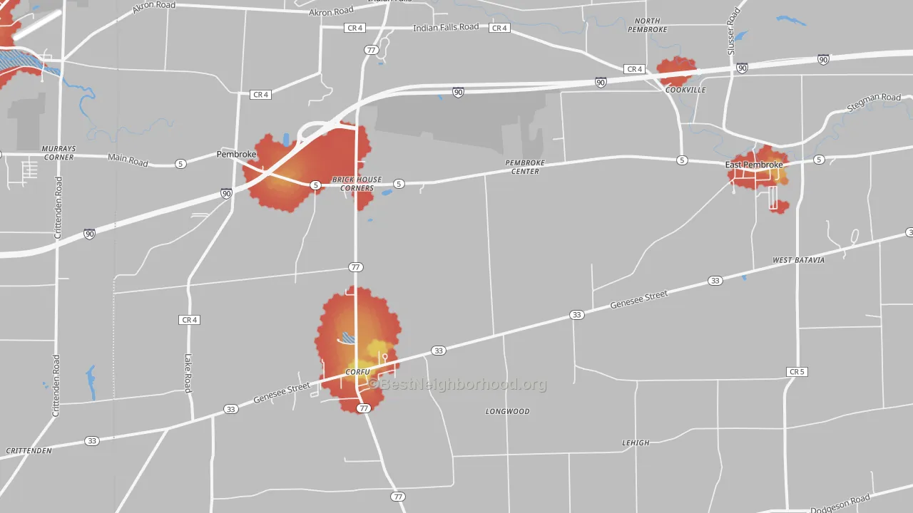 Walk Grade map of Corfu, NY, walkable areas in green and car-dependent areas in red