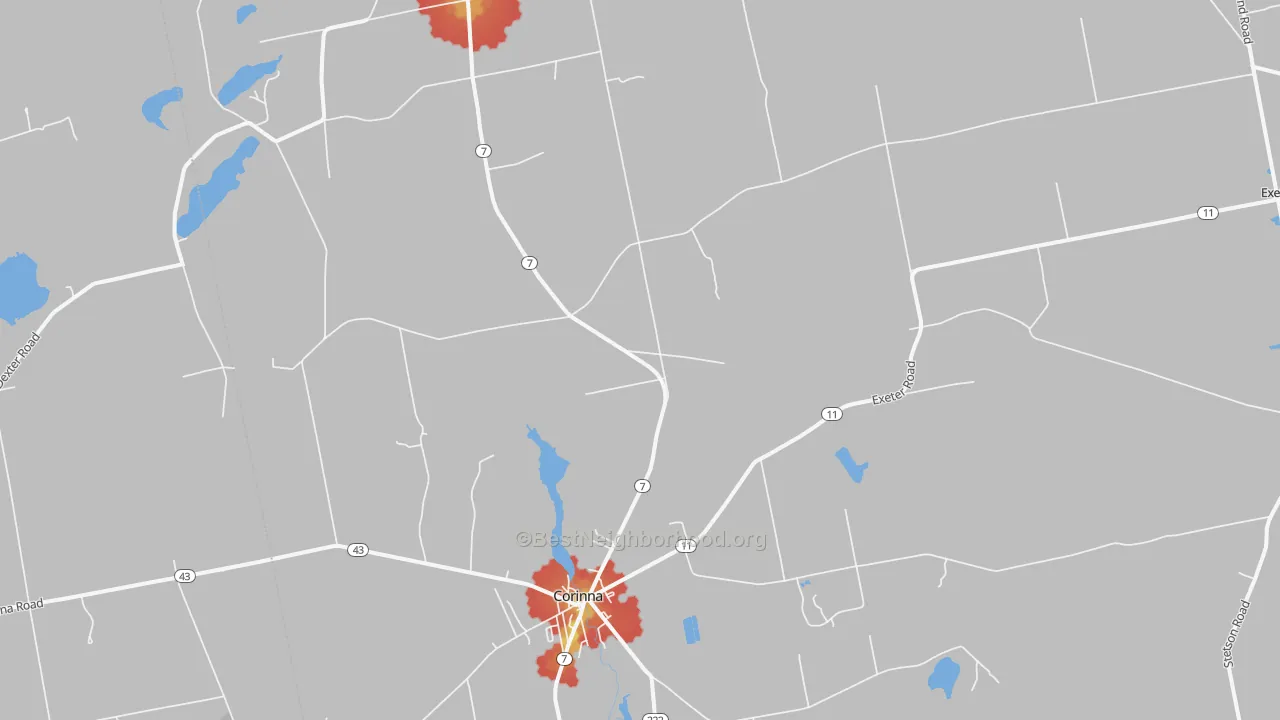 Walk Grade map of Corinna, ME, walkable areas in green and car-dependent areas in red