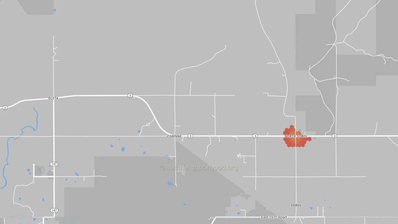 Walk Grade map of Corinne, OK, walkable areas in green and car-dependent areas in red