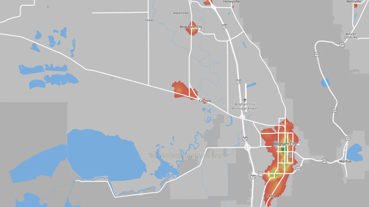 Walk Grade map of Corinne, UT, walkable areas in green and car-dependent areas in red