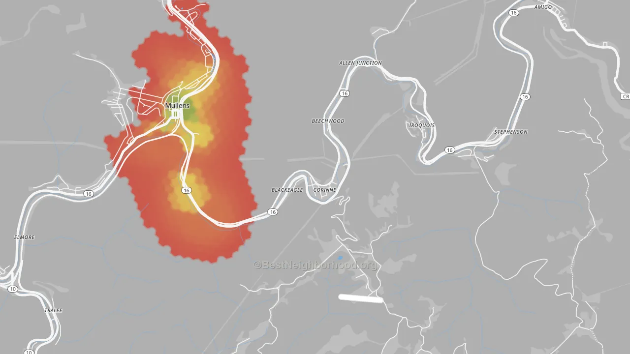 Walk Grade map of Corinne, WV, walkable areas in green and car-dependent areas in red
