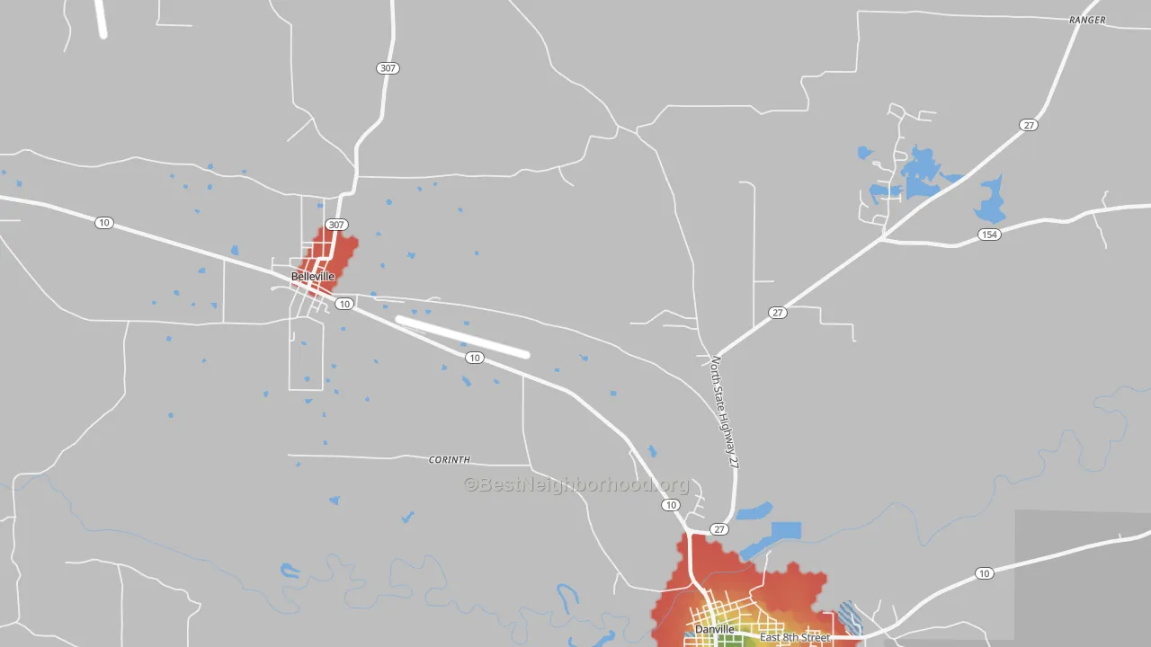 Walk Grade map of Corinth, AR, walkable areas in green and car-dependent areas in red