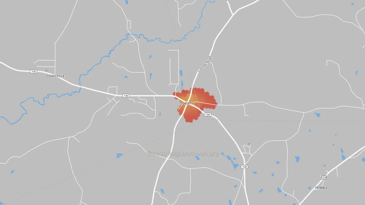 Walk Grade map of Corinth, GA, walkable areas in green and car-dependent areas in red