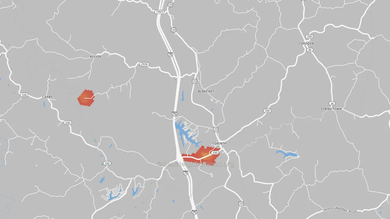 Walk Grade map of Corinth, KY, walkable areas in green and car-dependent areas in red