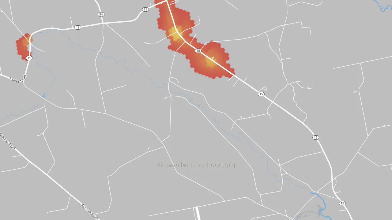 Walk Grade map of Corinth, ME, walkable areas in green and car-dependent areas in red