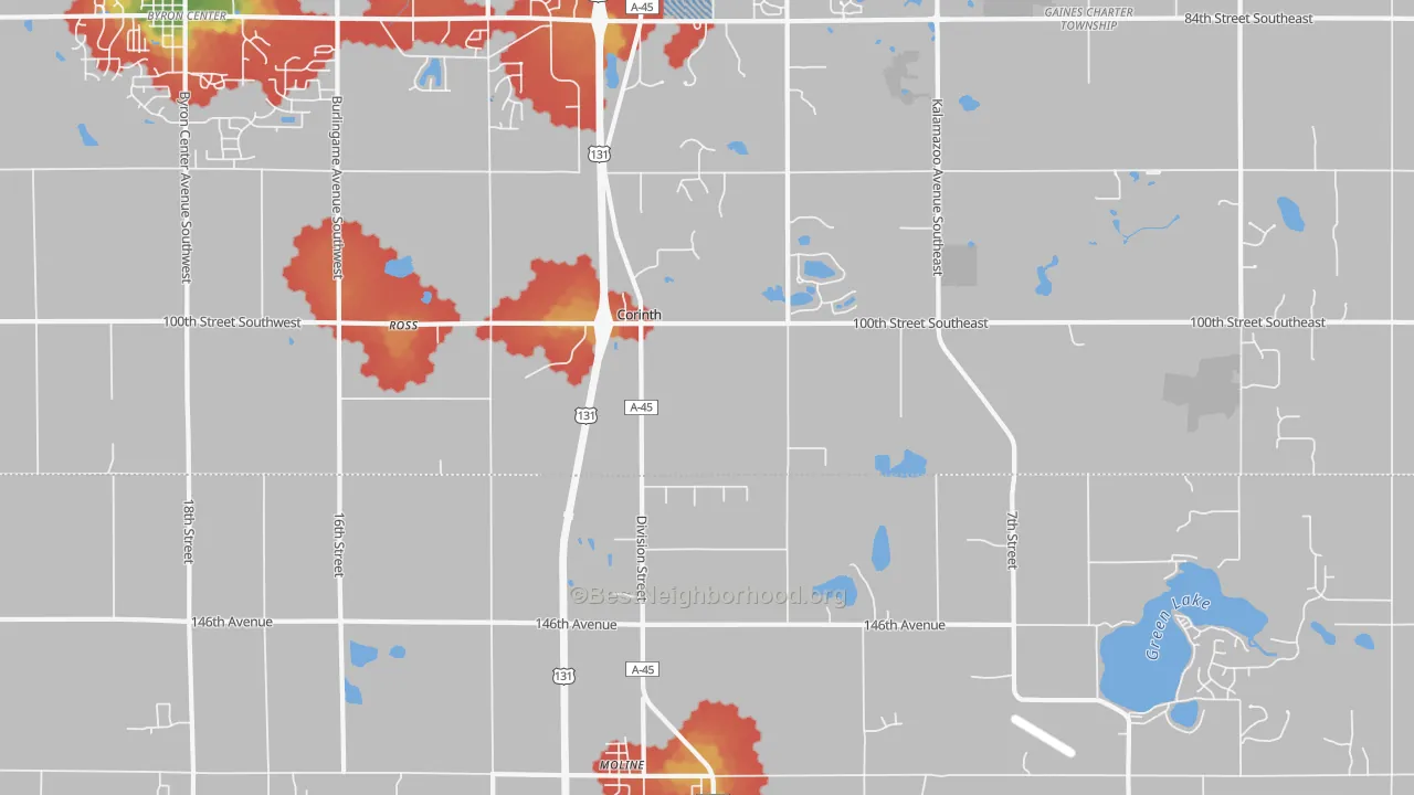 Walk Grade map of Corinth, MI, walkable areas in green and car-dependent areas in red