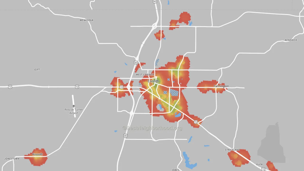 Walk Grade map of Corinth, MS, walkable areas in green and car-dependent areas in red