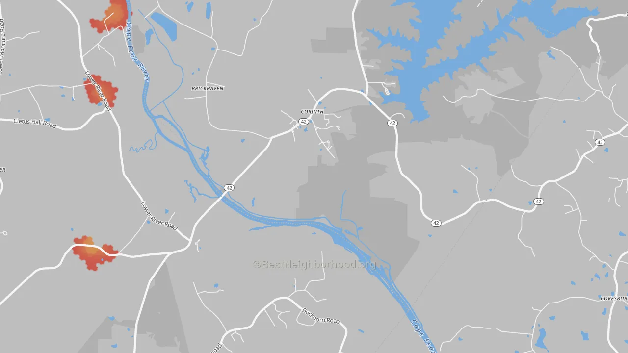 Walk Grade map of Corinth, NC, walkable areas in green and car-dependent areas in red